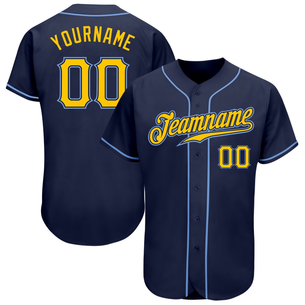 Navy Gold-Light Blue Authentic Baseball Jersey, Custom Baseball Jersey, Personalized Sport Jersey