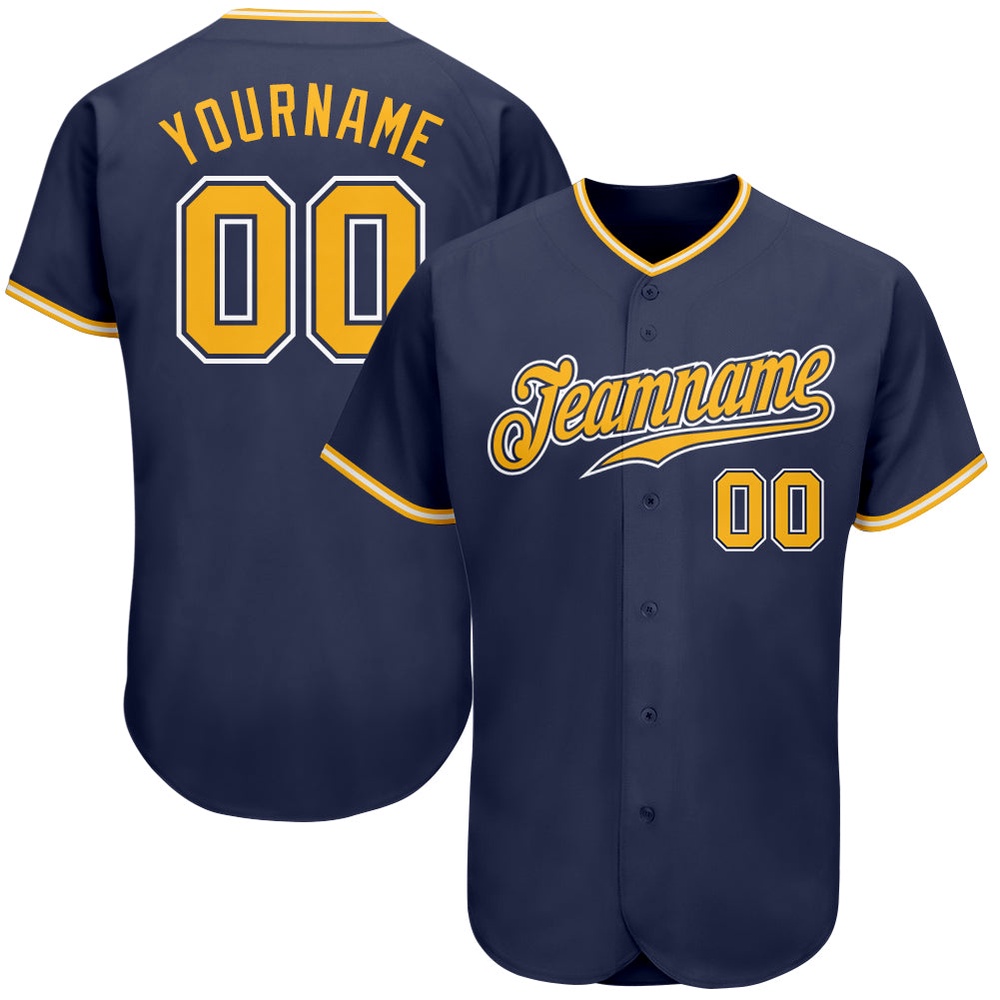 Navy Gold-White Authentic Baseball Jersey, Custom Baseball Jersey, Personalized Sport Jersey