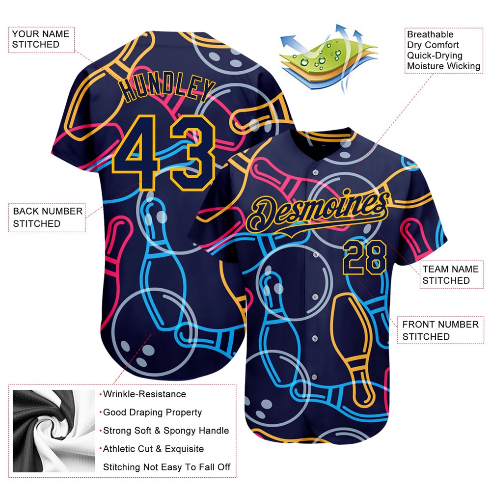 Navy Gold 3D Pattern Design Bowling Authentic Baseball Jersey, Custom Baseball Jersey, Personalized Sport Jersey