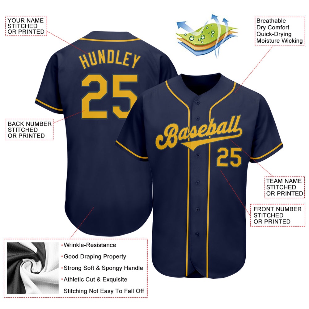 Navy Gold Authentic Baseball Jersey, Custom Baseball Jersey, Personalized Sport Jersey