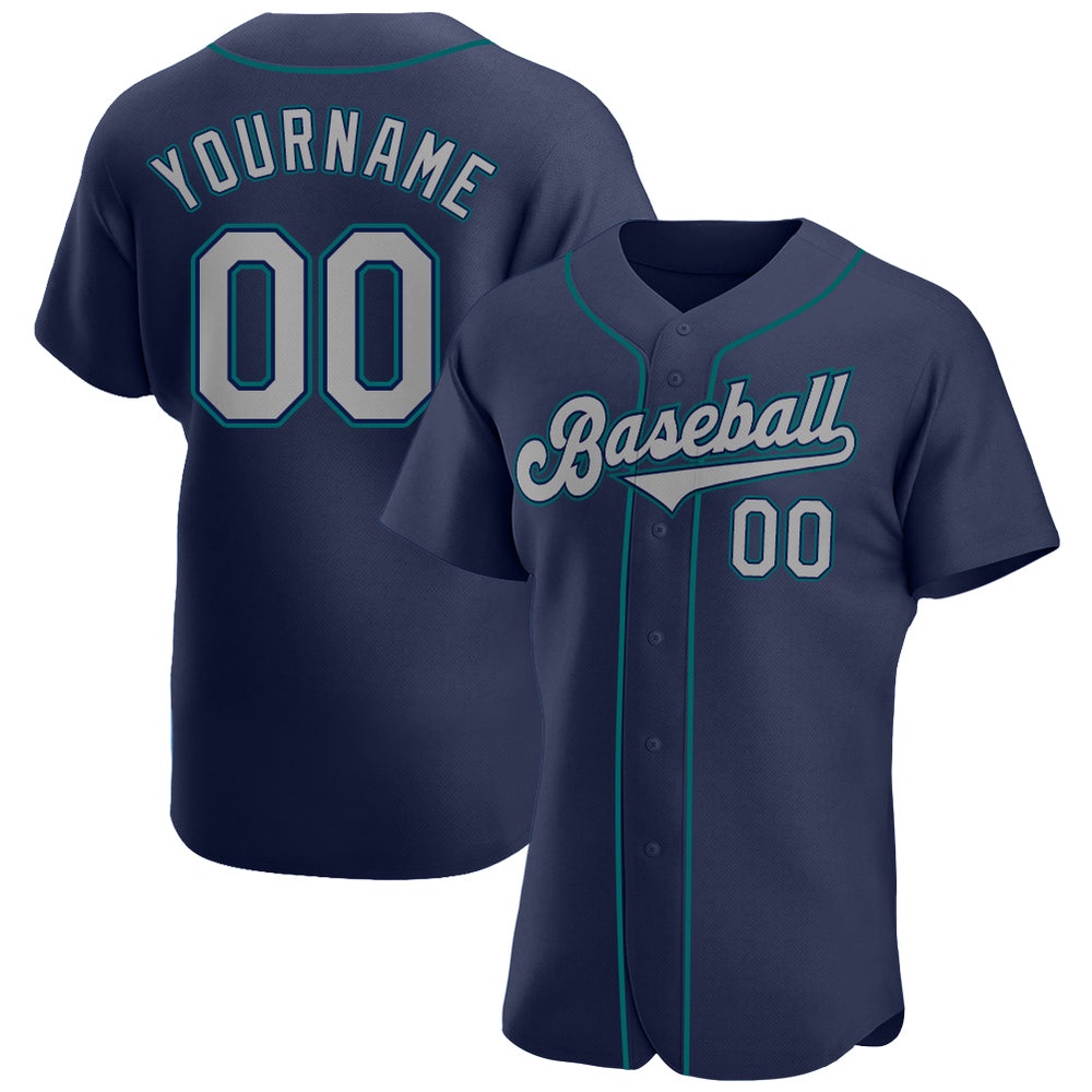 Navy Gray-Teal Authentic Baseball Jersey, Custom Baseball Jersey, Personalized Sport Jersey