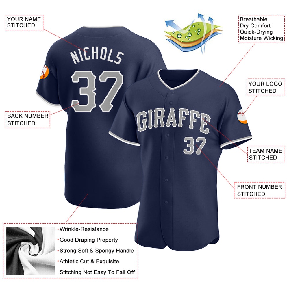 Navy Gray-White Authentic Baseball Jersey, Custom Baseball Jersey, Personalized Sport Jersey