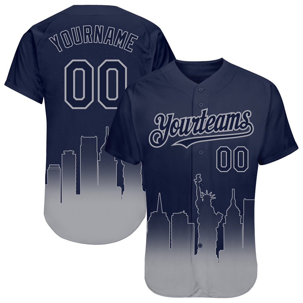 Navy Gray 3D New York City Edition Fade Fashion Authentic Baseball Jersey, Custom Baseball Jersey, Personalized Sport Jersey