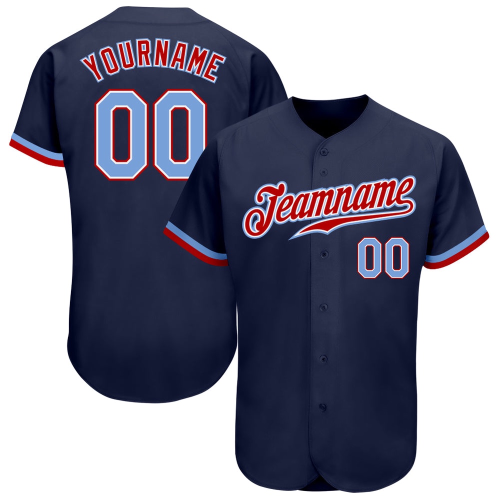 Navy Light Blue-Red Authentic Baseball Jersey, Custom Baseball Jersey, Personalized Sport Jersey