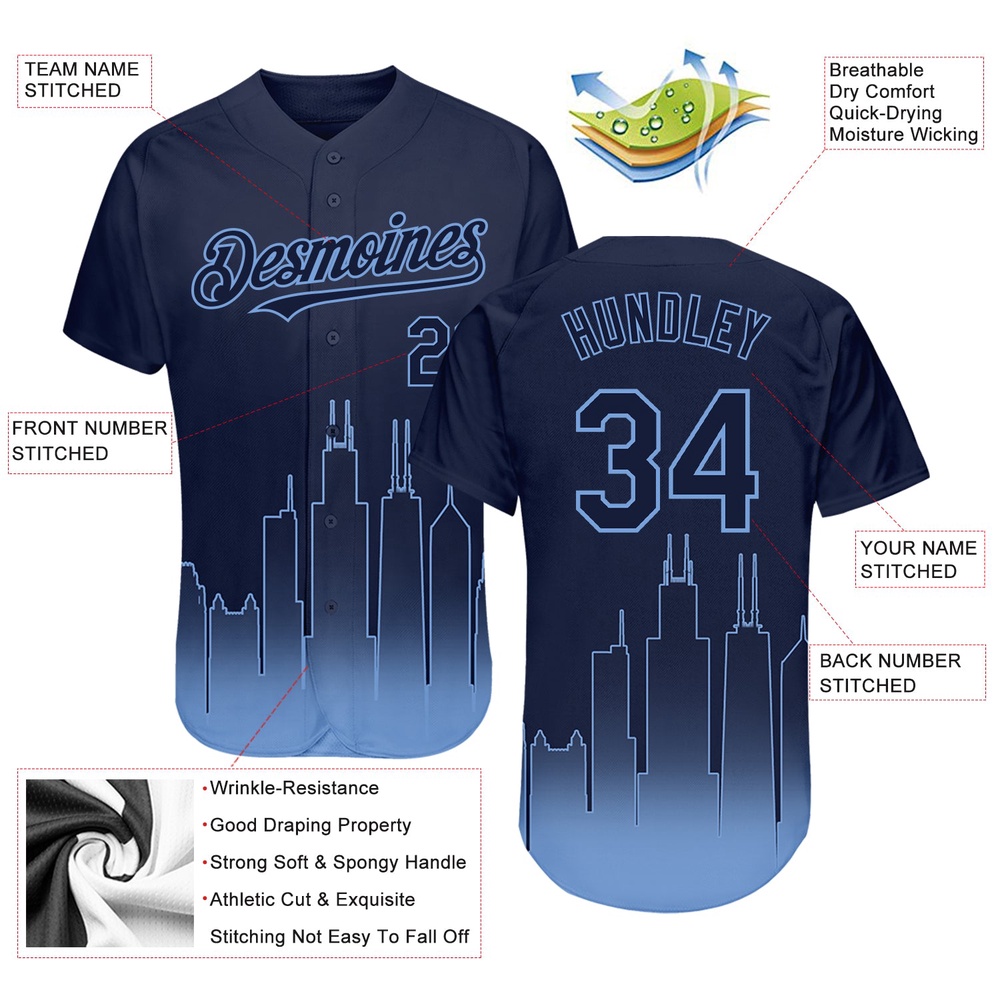 Navy Light Blue 3D Chicago City Edition Fade Fashion Authentic Baseball Jersey, Custom Baseball Jersey, Personalized Sport Jersey