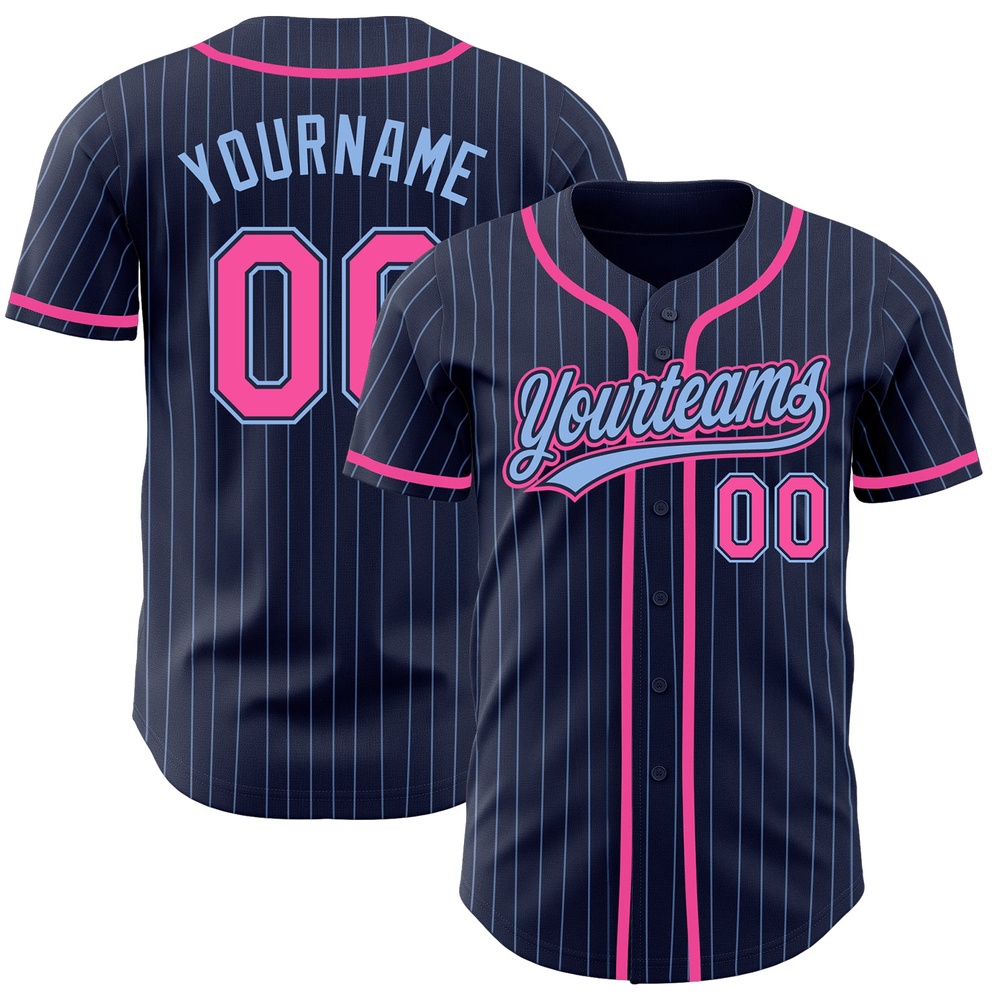 Navy Light Blue Pinstripe Pink Authentic Baseball Jersey, Custom Baseball Jersey, Personalized Sport Jersey