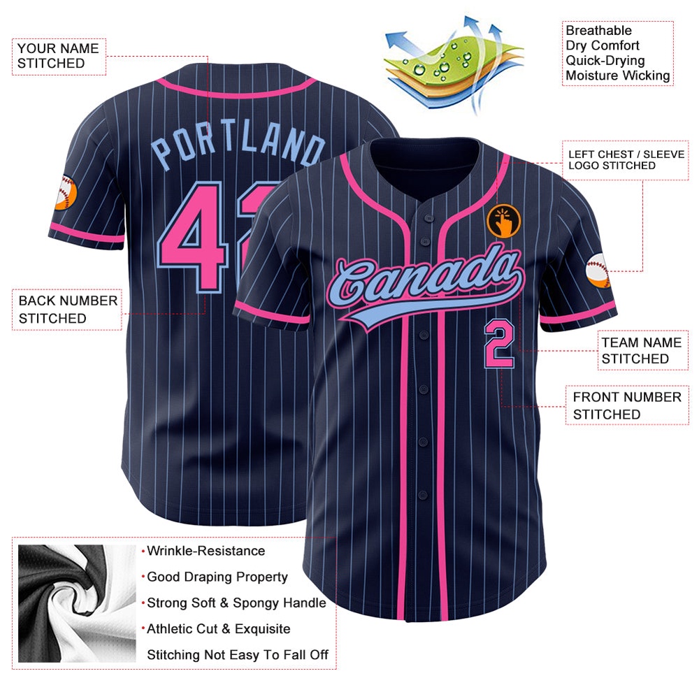 Navy Light Blue Pinstripe Pink Authentic Baseball Jersey, Custom Baseball Jersey, Personalized Sport Jersey