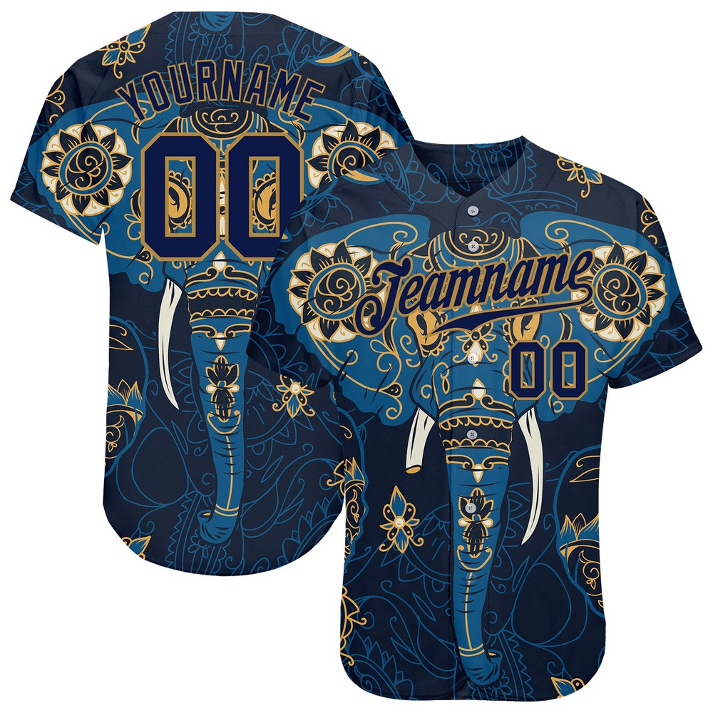 Navy Navy-Old Gold 3D Pattern Design Elephant Authentic Baseball Jersey, Custom Baseball Jersey, Personalized Sport Jersey