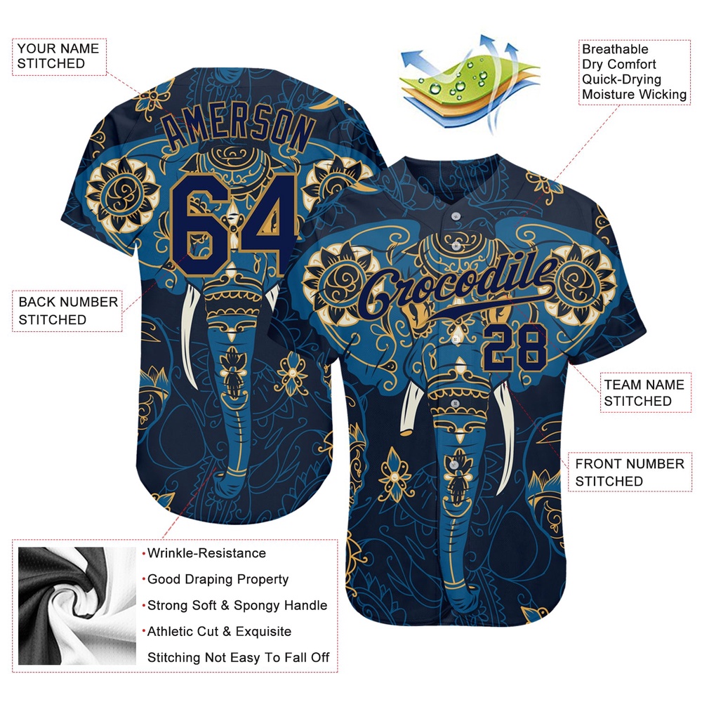 Navy Navy-Old Gold 3D Pattern Design Elephant Authentic Baseball Jersey, Custom Baseball Jersey, Personalized Sport Jersey