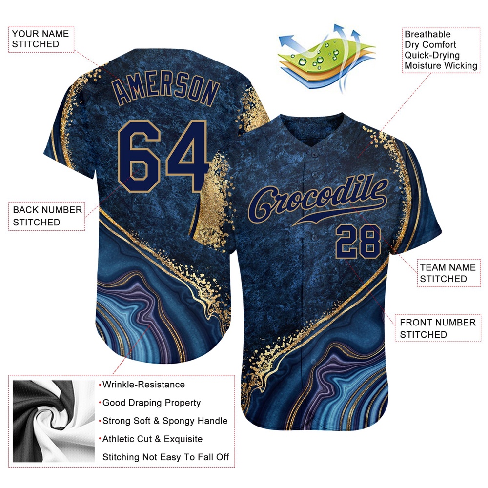 Navy Navy-Old Gold 3D Pattern Design Marble Authentic Baseball Jersey, Custom Baseball Jersey, Personalized Sport Jersey