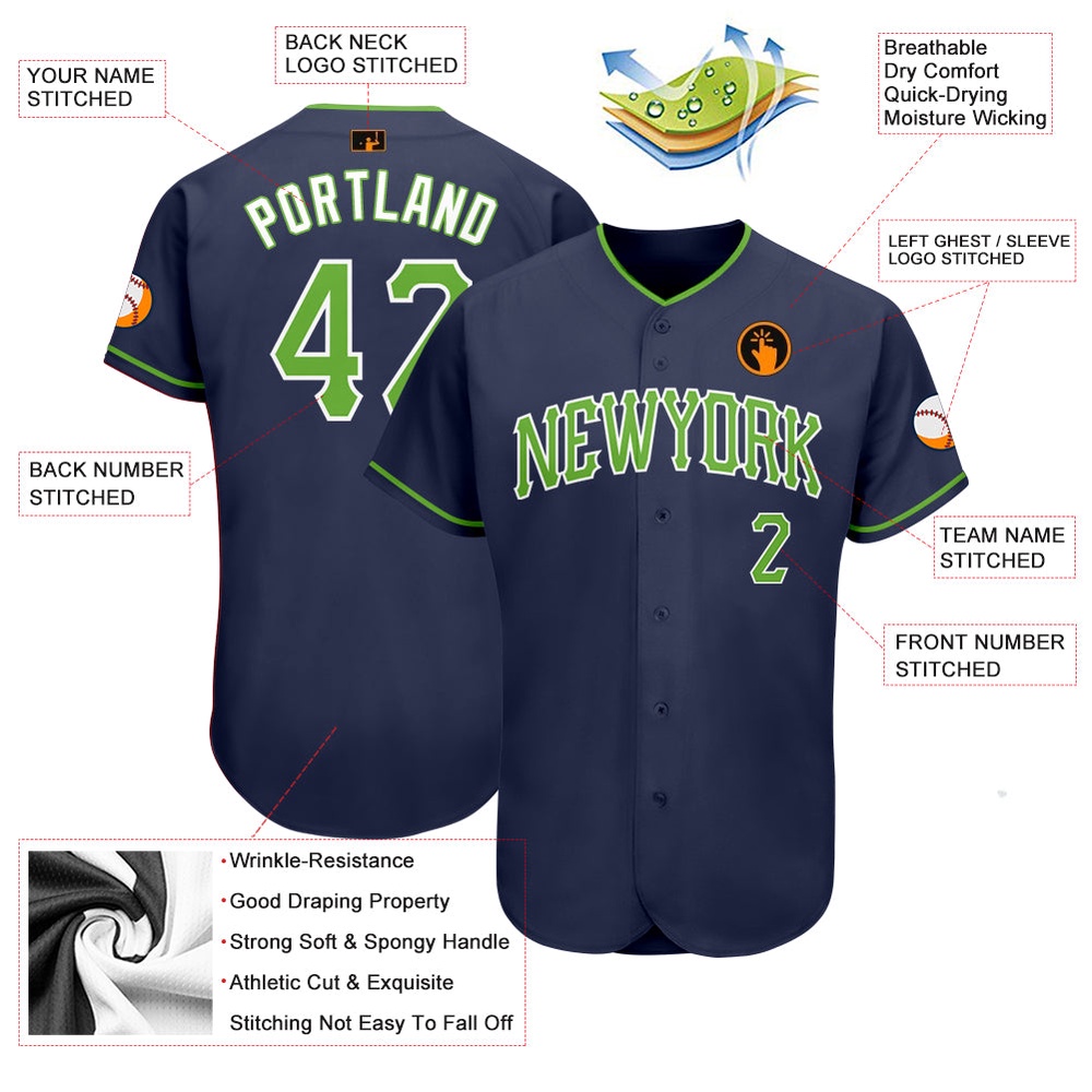 Navy Neon Green-White Authentic Baseball Jersey, Custom Baseball Jersey, Personalized Sport Jersey