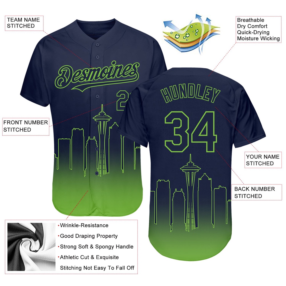 Navy Neon Green 3D Seattle City Edition Fade Fashion Authentic Baseball Jersey, Custom Baseball Jersey, Personalized Sport Jersey