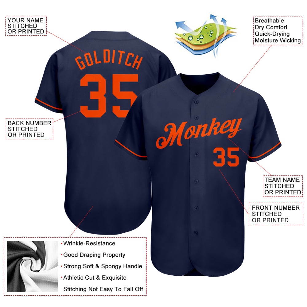 Navy Orange Authentic Baseball Jersey, Custom Baseball Jersey, Personalized Sport Jersey