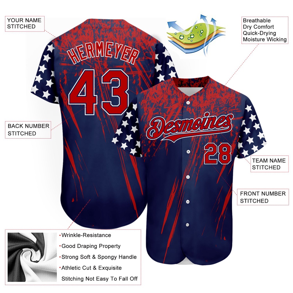 Navy Red-Royal 3D American Flag Authentic Baseball Jersey, Custom Baseball Jersey, Personalized Sport Jersey Navy Red-Royal 3D American Flag Authentic Baseball Jersey, Custom Baseball Jersey, Personalized Sport Jersey