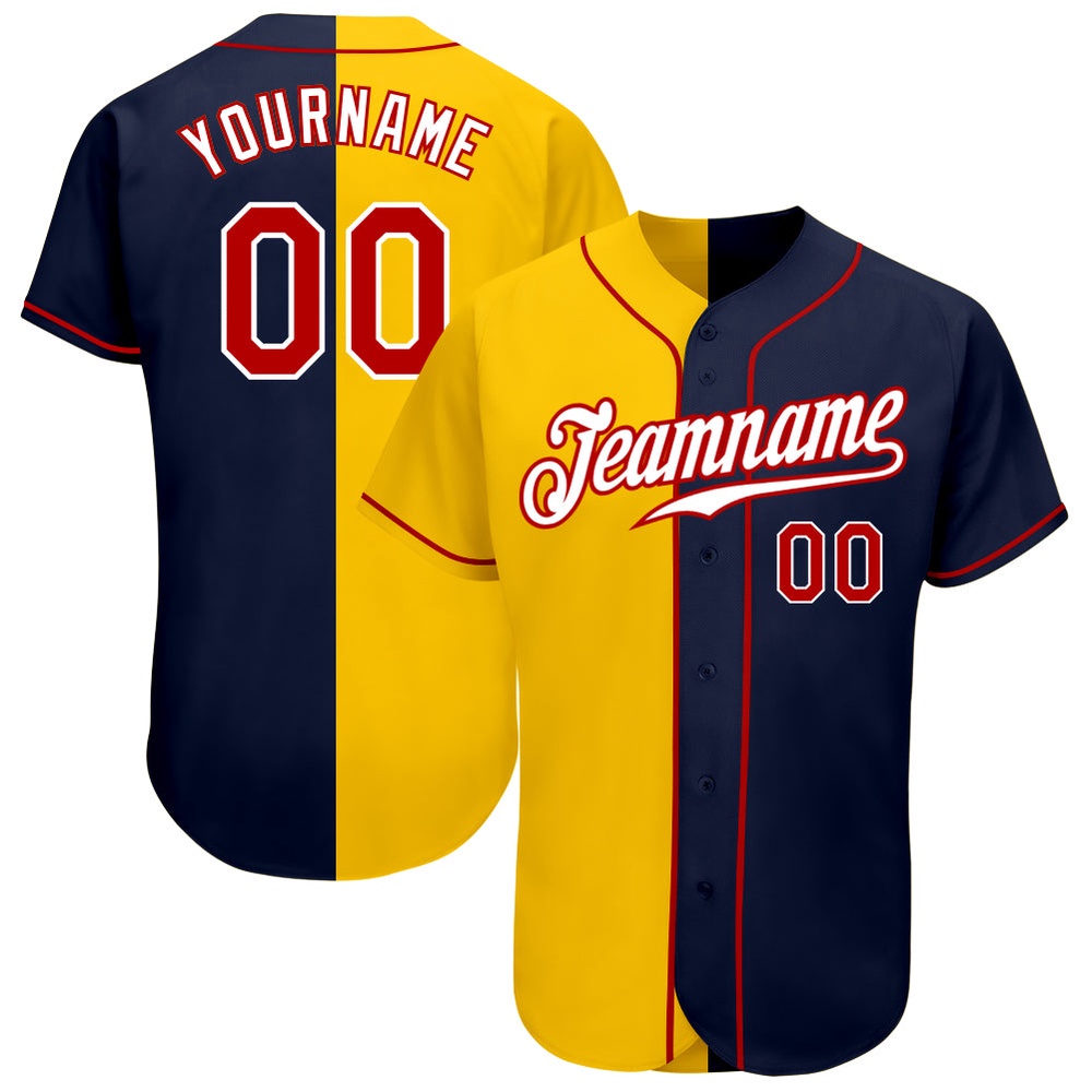 Navy Red-Yellow Authentic Split Fashion Baseball Jersey, Custom Baseball Jersey, Personalized Sport Jersey