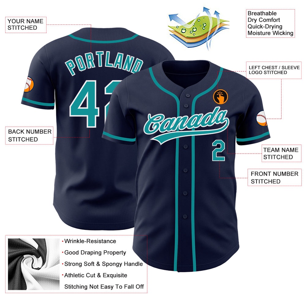 Navy Teal-White Authentic Baseball Jersey, Custom Baseball Jersey, Personalized Sport Jersey