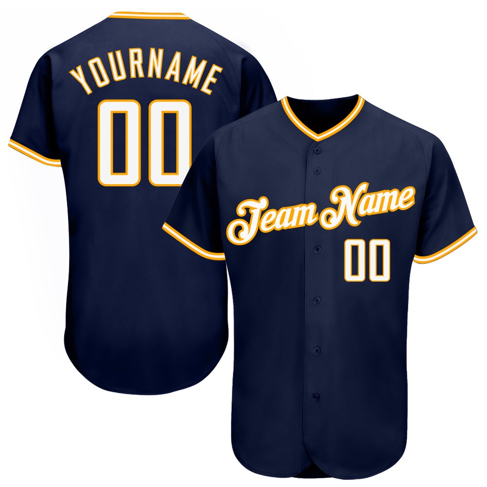 Navy White-Gold Authentic Baseball Jersey, Custom Baseball Jersey, Personalized Sport Jersey