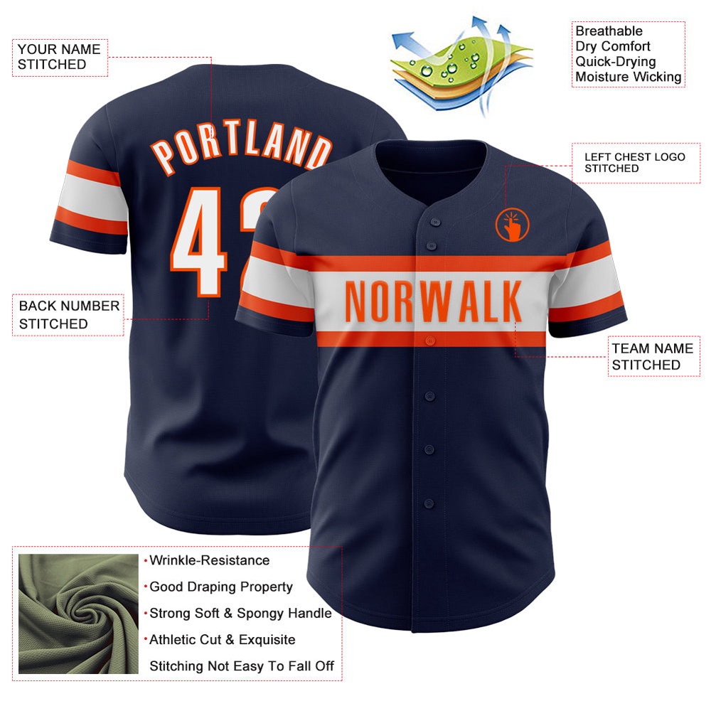 Navy White-Orange Authentic Baseball Jersey, Custom Baseball Jersey, Personalized Sport Jersey