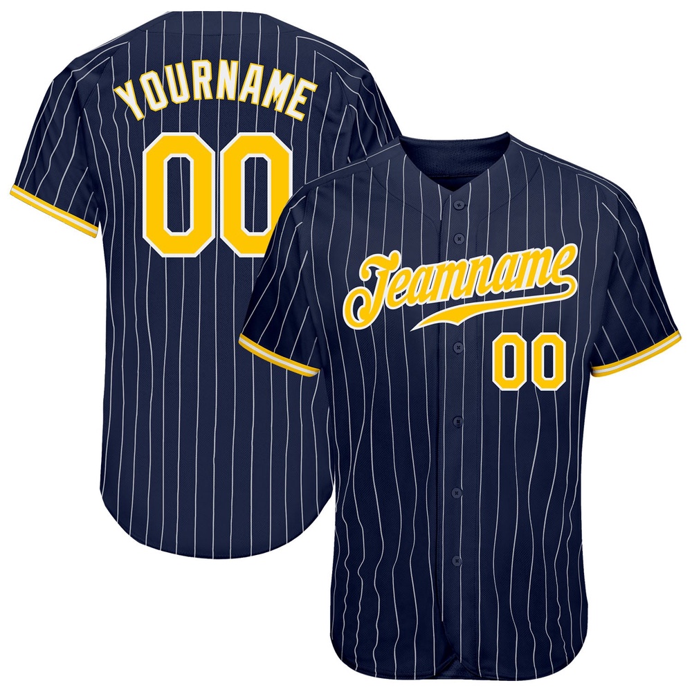 Navy White Pinstripe Gold-White Authentic Baseball Jersey, Custom Baseball Jersey, Personalized Sport Jersey