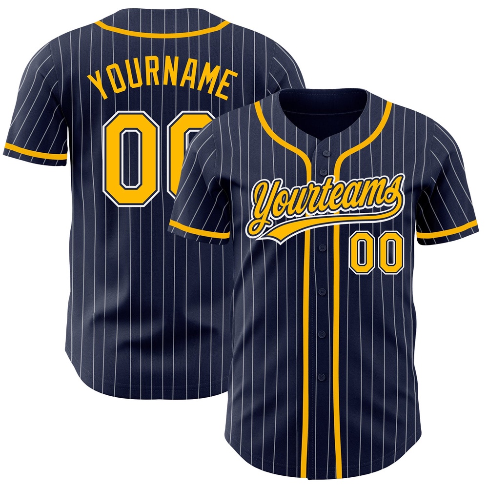 Navy White Pinstripe Gold Authentic Baseball Jersey, Custom Baseball Jersey, Personalized Sport Jersey