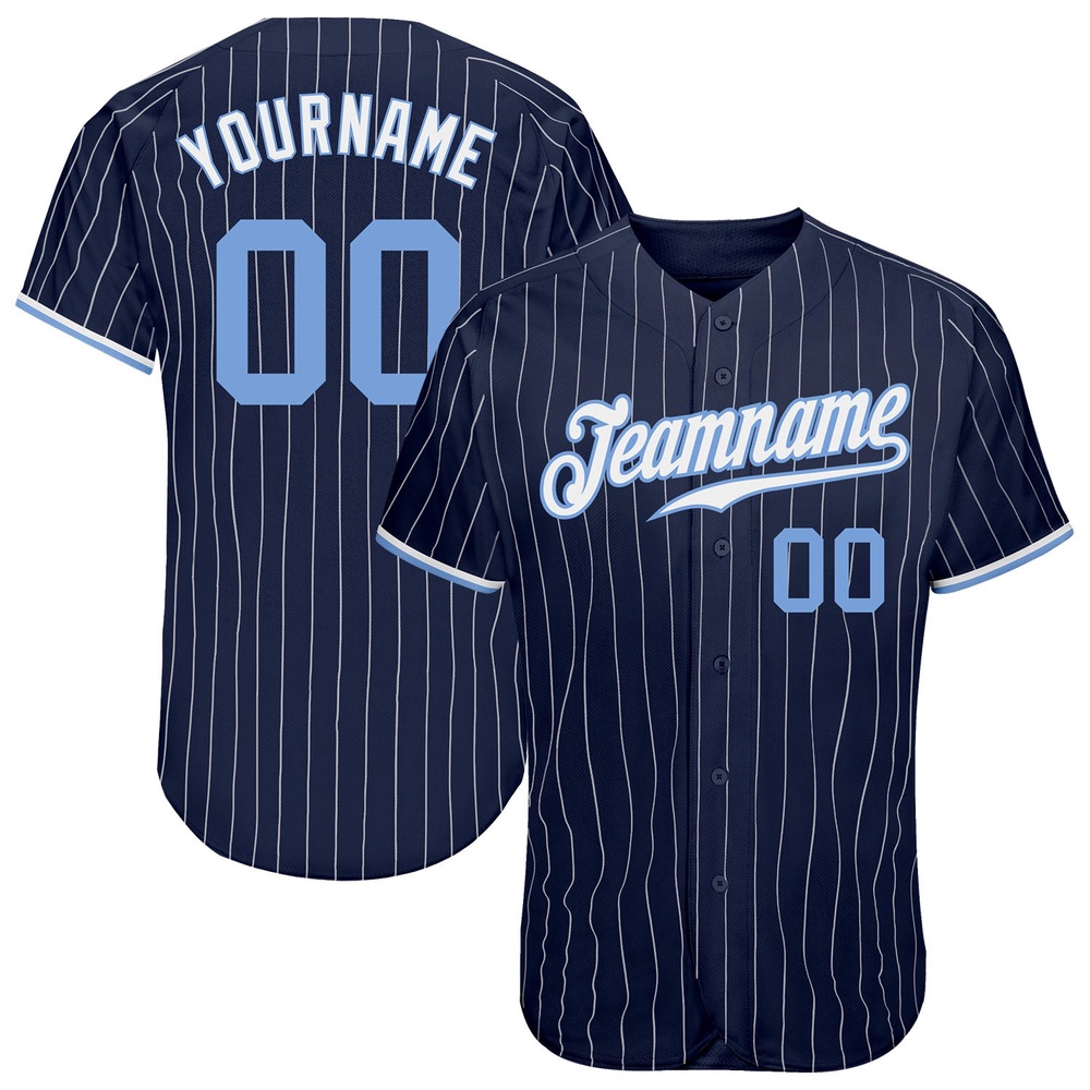 Navy White Pinstripe Light Blue-White Authentic Baseball Jersey, Custom Baseball Jersey, Personalized Sport Jersey Navy White Pinstripe Light Blue-White Authentic Baseball Jersey, Custom Baseball Jersey, Personalized Sport Jersey