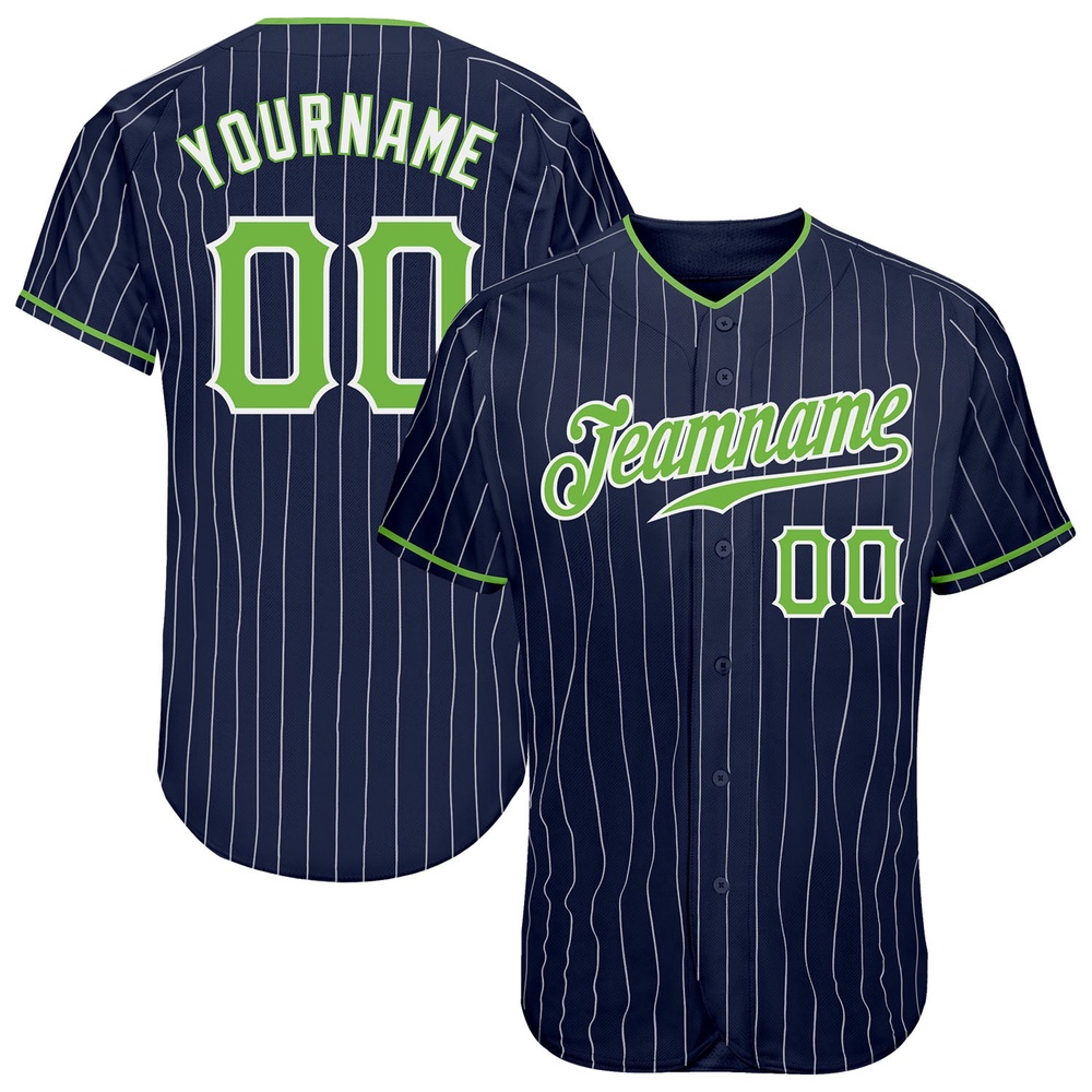 Navy White Pinstripe Neon Green-White Authentic Baseball Jersey, Custom Baseball Jersey, Personalized Sport Jersey