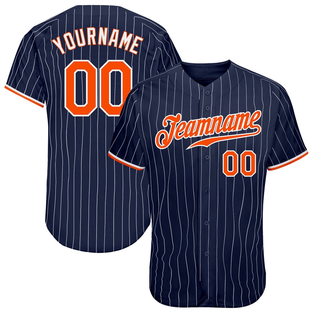Navy White Pinstripe Orange-White Authentic Baseball Jersey, Custom Baseball Jersey, Personalized Sport Jersey Navy White Pinstripe Orange-White Authentic Baseball Jersey, Custom Baseball Jersey, Personalized Sport Jersey
