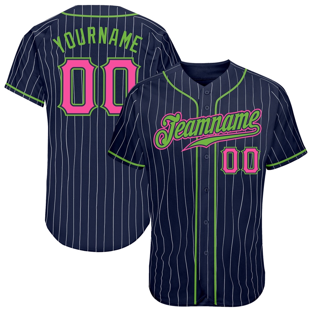Navy White Pinstripe Pink-Neon Green Authentic Baseball Jersey, Custom Baseball Jersey, Personalized Sport Jersey Navy White Pinstripe Pink-Neon Green Authentic Baseball Jersey, Custom Baseball Jersey, Personalized Sport Jersey