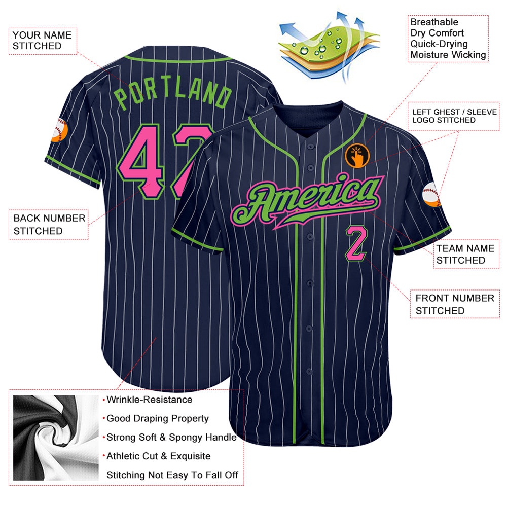 Navy White Pinstripe Pink-Neon Green Authentic Baseball Jersey, Custom Baseball Jersey, Personalized Sport Jersey Navy White Pinstripe Pink-Neon Green Authentic Baseball Jersey, Custom Baseball Jersey, Personalized Sport Jersey