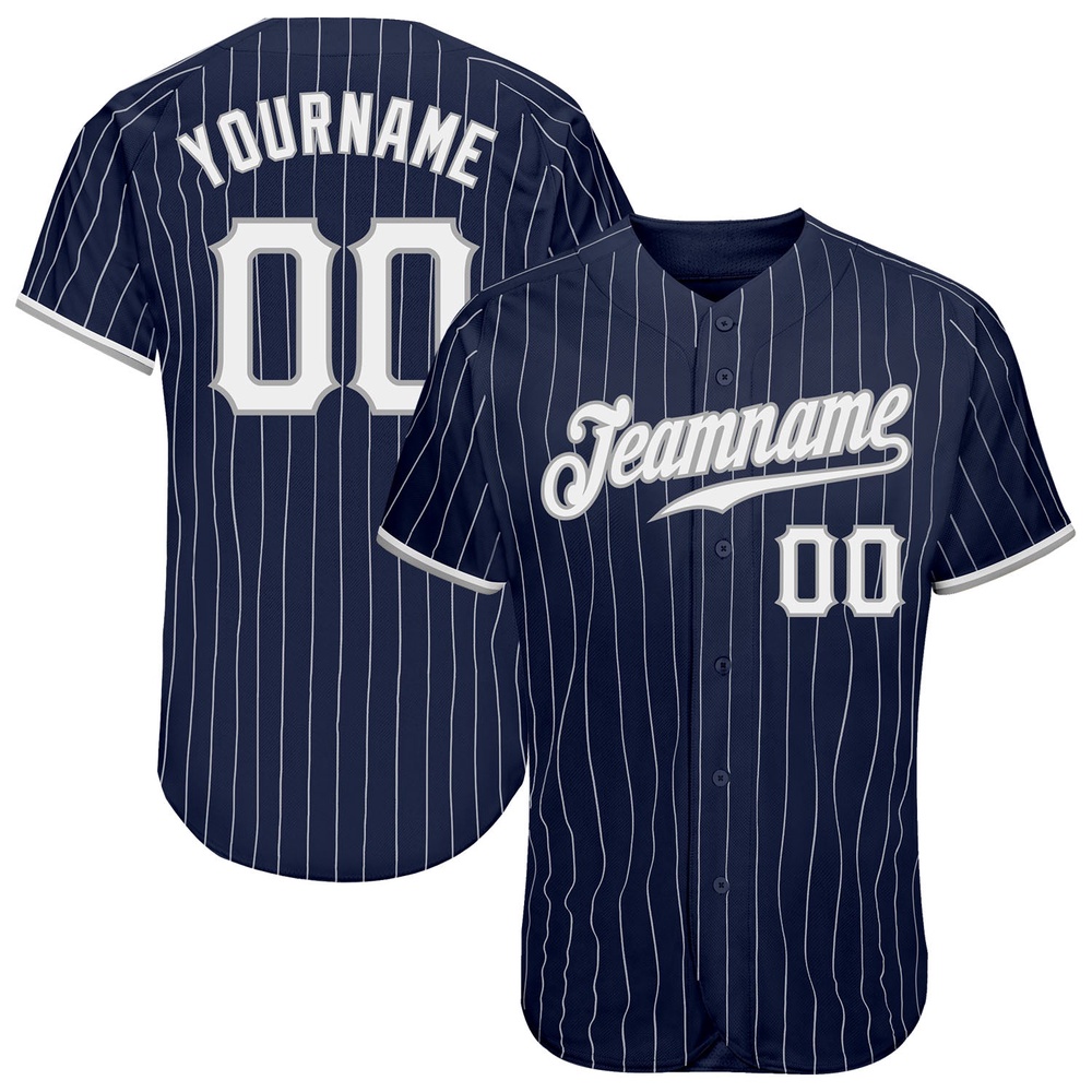 Navy White Pinstripe White-Gray Authentic Baseball Jersey, Custom Baseball Jersey, Personalized Sport Jersey