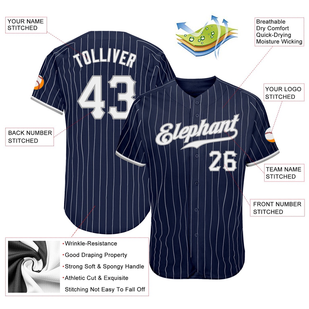Navy White Pinstripe White-Gray Authentic Baseball Jersey, Custom Baseball Jersey, Personalized Sport Jersey