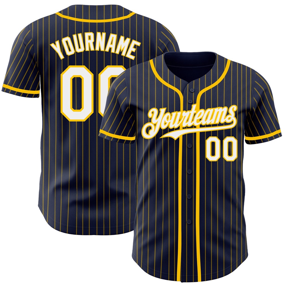 Navy Yellow Pinstripe White Authentic Baseball Jersey, Custom Baseball Jersey, Personalized Sport Jersey