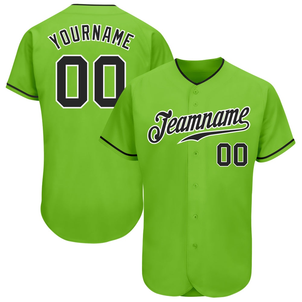 Neon Green Black-White Authentic Baseball Jersey, Custom Baseball Jersey, Personalized Sport Jersey