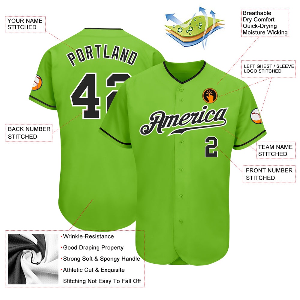 Neon Green Black-White Authentic Baseball Jersey, Custom Baseball Jersey, Personalized Sport Jersey