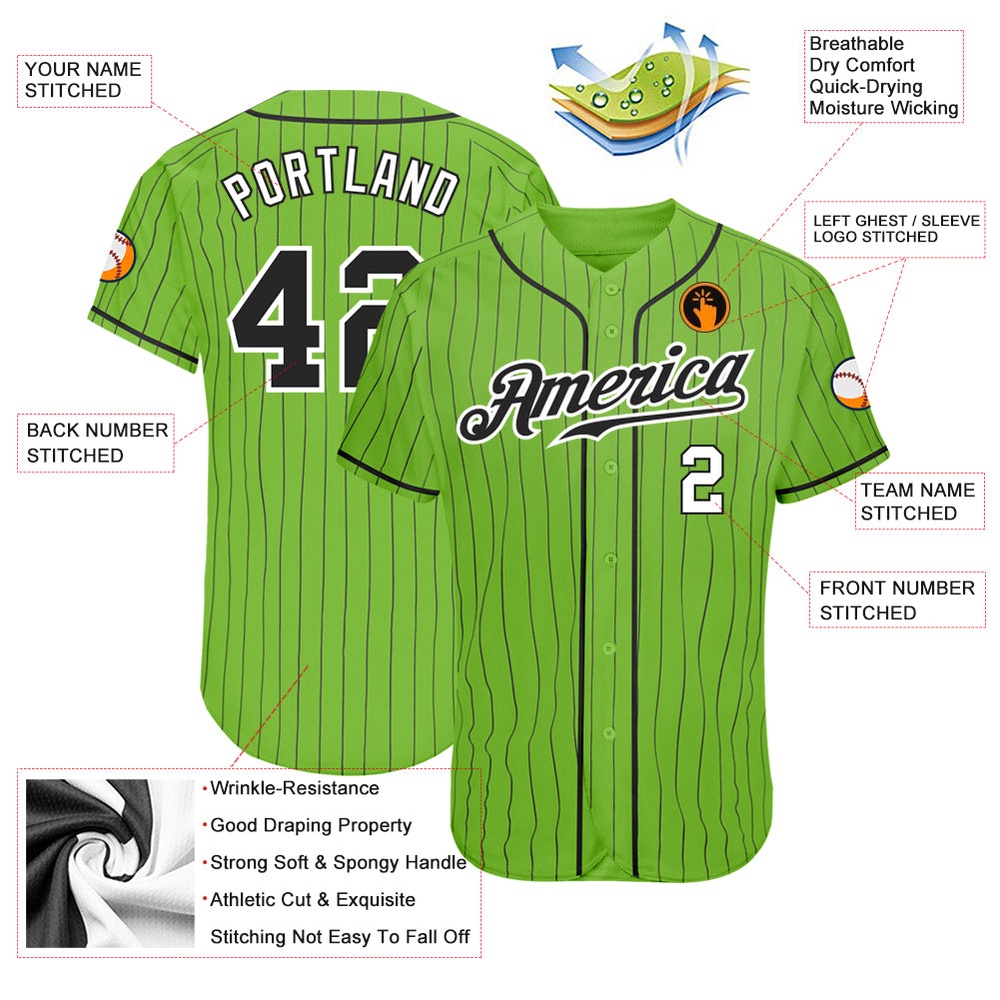 Neon Green Black Pinstripe Black-White Authentic Baseball Jersey, Custom Baseball Jersey, Personalized Sport Jersey