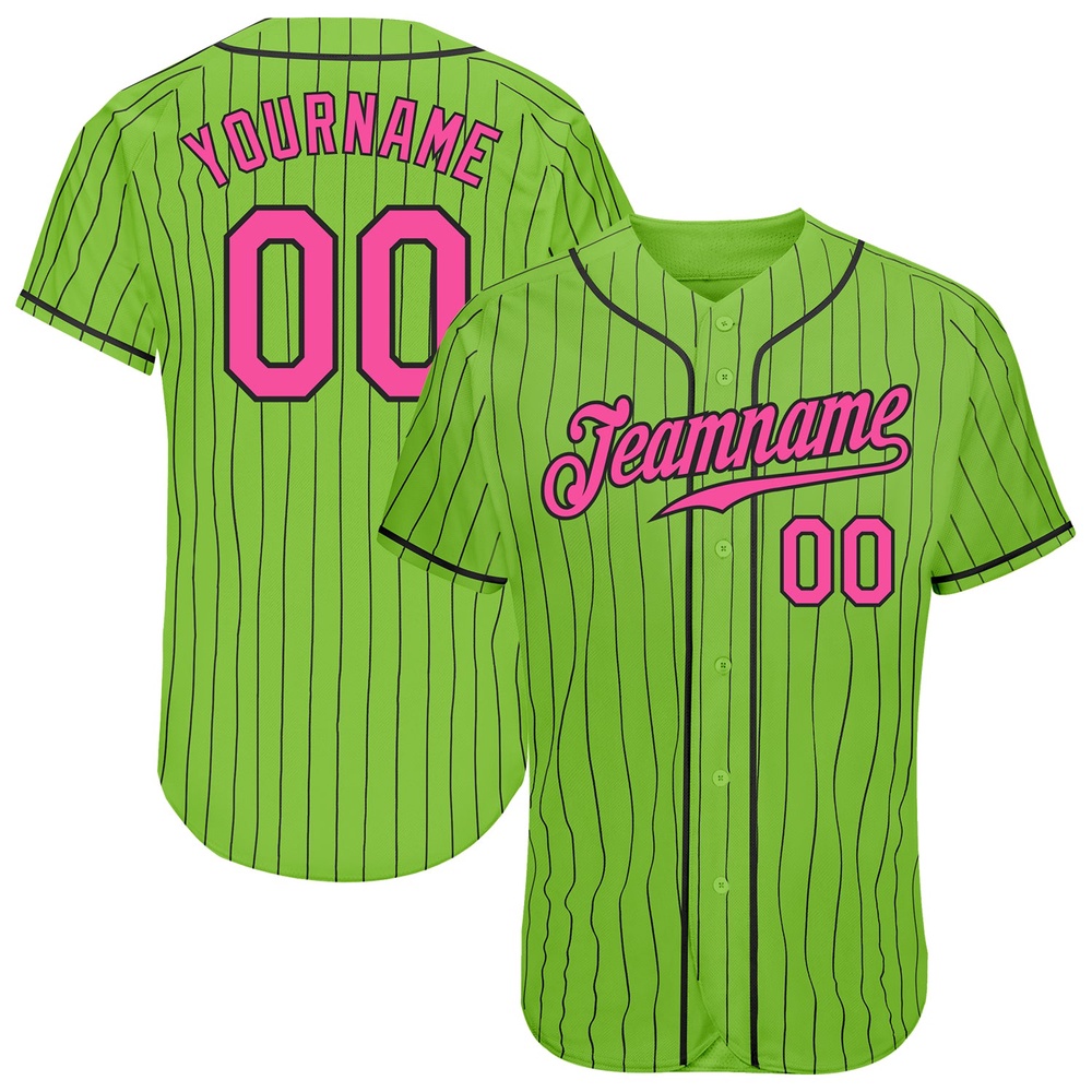 Neon Green Black Pinstripe Pink-Black Authentic Baseball Jersey, Custom Baseball Jersey, Personalized Sport Jersey