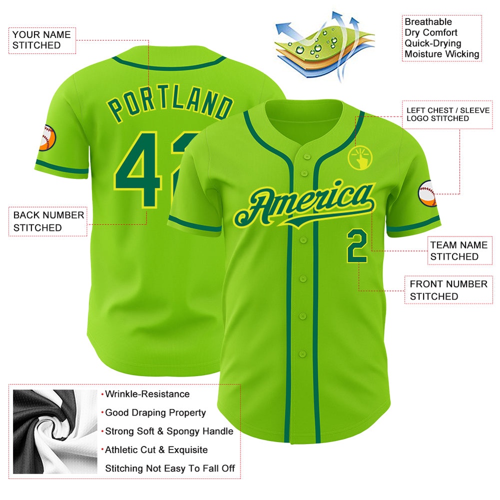 Neon Green Kelly Green-Neon Yellow Authentic Baseball Jersey, Custom Baseball Jersey, Personalized Sport Jersey