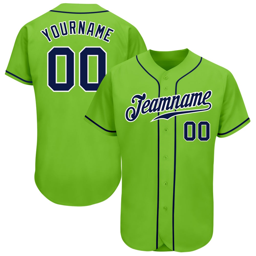 Neon Green Navy-White Authentic Baseball Jersey, Custom Baseball Jersey, Personalized Sport Jersey
