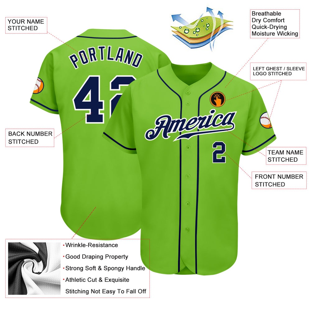 Neon Green Navy-White Authentic Baseball Jersey, Custom Baseball Jersey, Personalized Sport Jersey