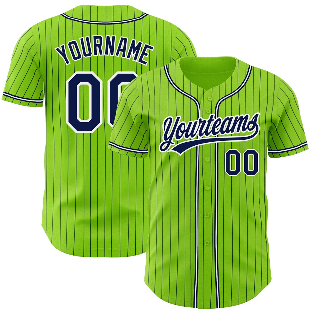 Neon Green Navy Pinstripe Navy-White Authentic Baseball Jersey, Custom Baseball Jersey, Personalized Sport Jersey