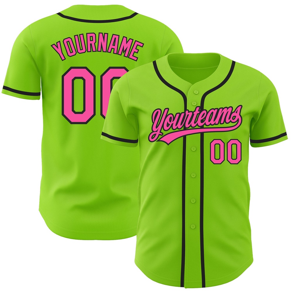 Neon Green Pink-Black Authentic Baseball Jersey, Custom Baseball Jersey, Personalized Sport Jersey
