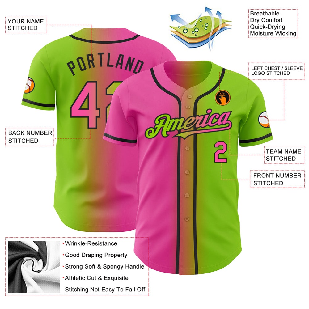 Neon Green Pink-Black Authentic Gradient Fashion Baseball Jersey, Custom Baseball Jersey, Personalized Sport Jersey