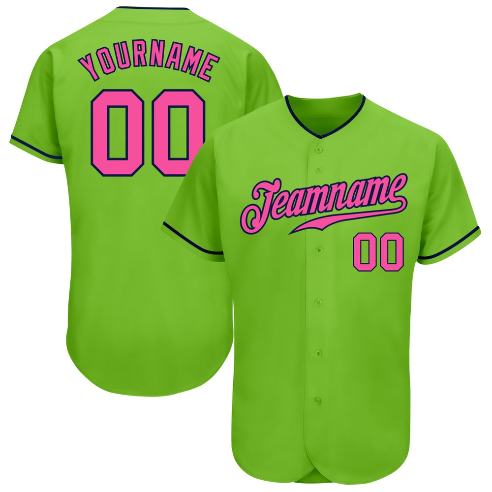 Neon Green Pink-Navy Authentic Baseball Jersey, Custom Baseball Jersey, Personalized Sport Jersey