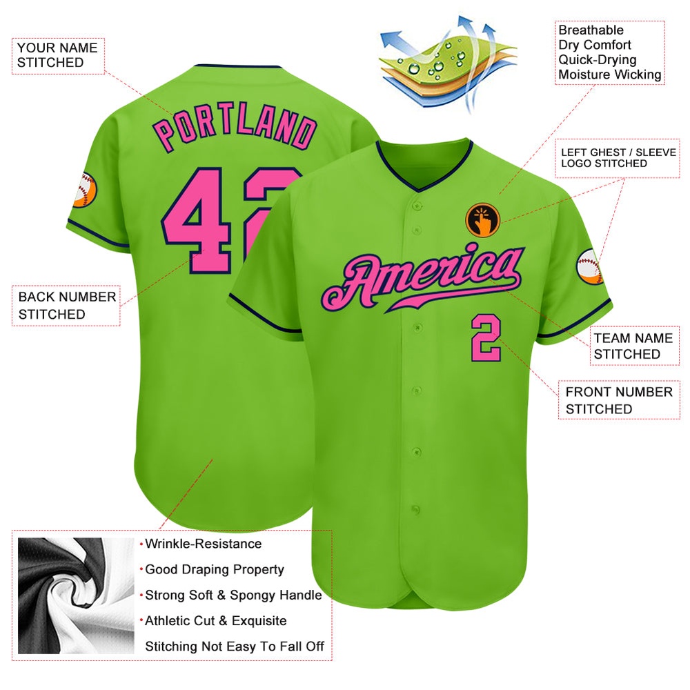 Neon Green Pink-Navy Authentic Baseball Jersey, Custom Baseball Jersey, Personalized Sport Jersey