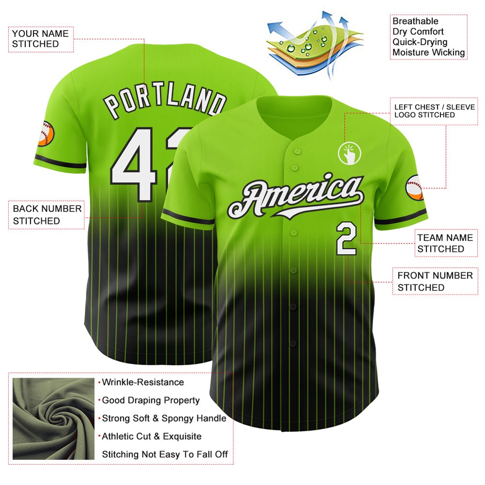 Neon Green Pinstripe White-Black Authentic Fade Fashion Baseball Jersey, Custom Baseball Jersey, Personalized Sport Jersey