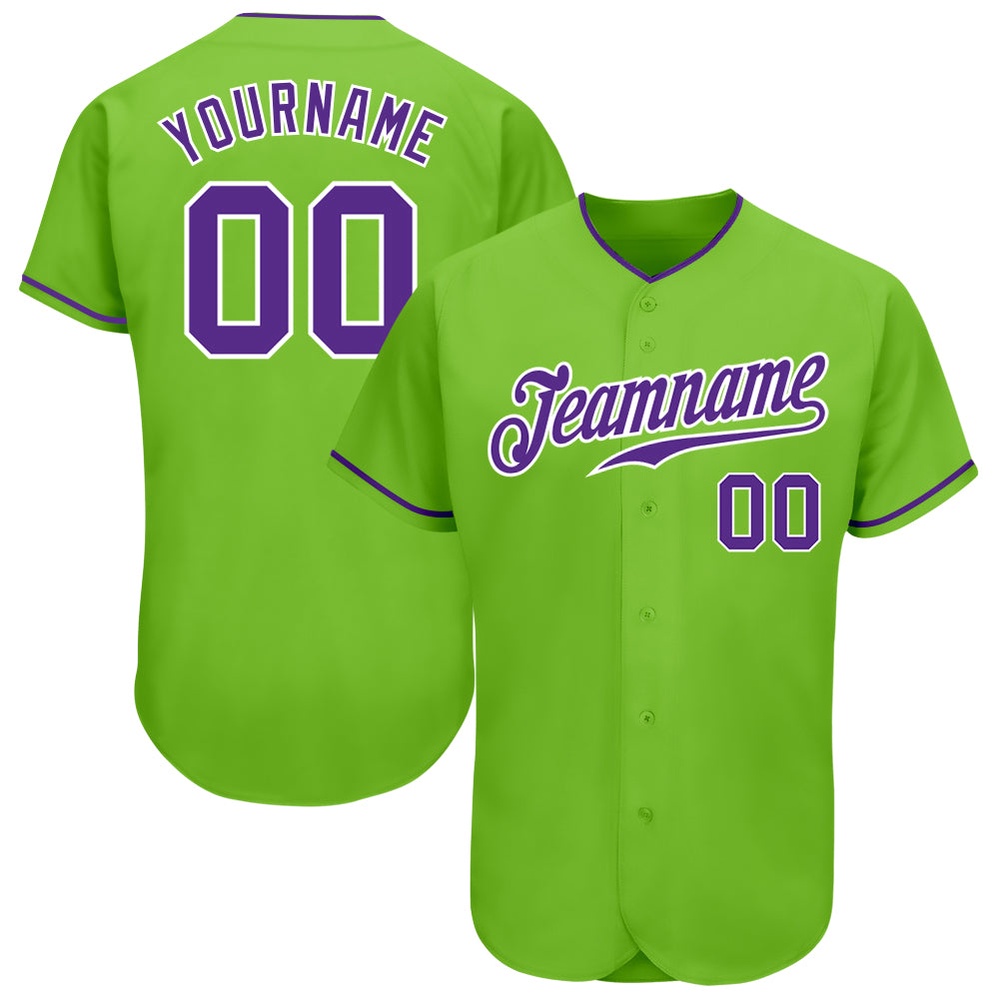 Neon Green Purple-White Authentic Baseball Jersey, Custom Baseball Jersey, Personalized Sport Jersey