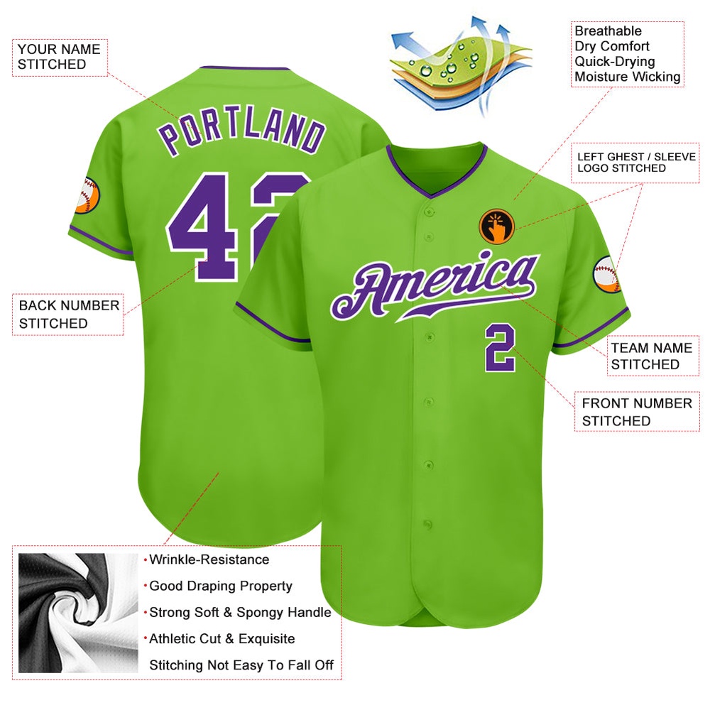 Neon Green Purple-White Authentic Baseball Jersey, Custom Baseball Jersey, Personalized Sport Jersey