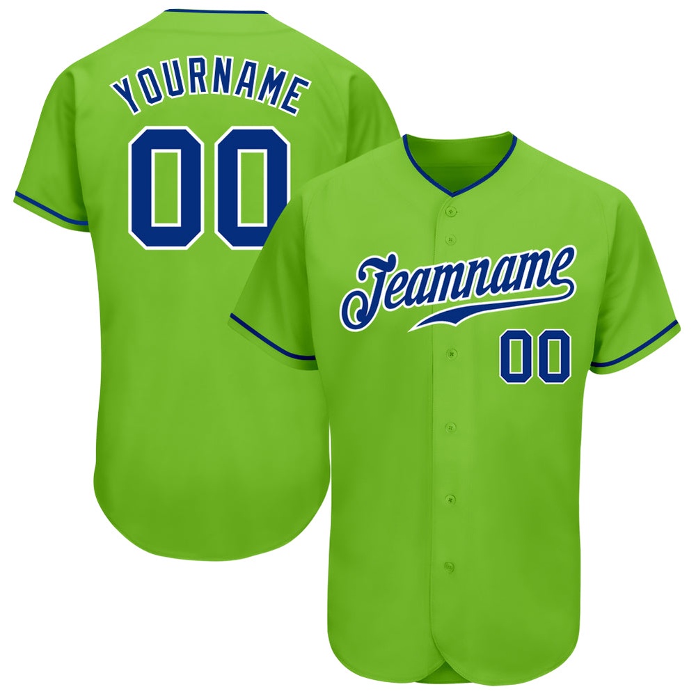 Neon Green Royal-White Authentic Baseball Jersey, Custom Baseball Jersey, Personalized Sport Jersey
