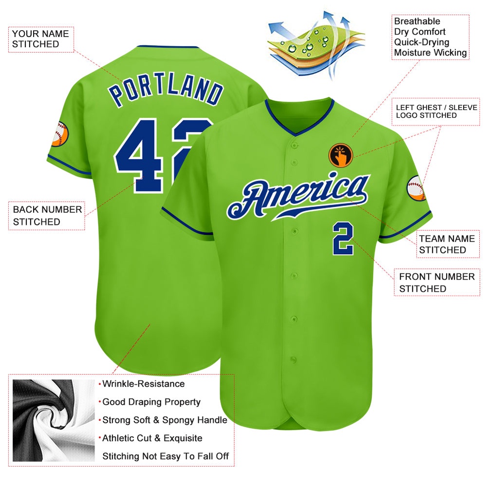 Neon Green Royal-White Authentic Baseball Jersey, Custom Baseball Jersey, Personalized Sport Jersey