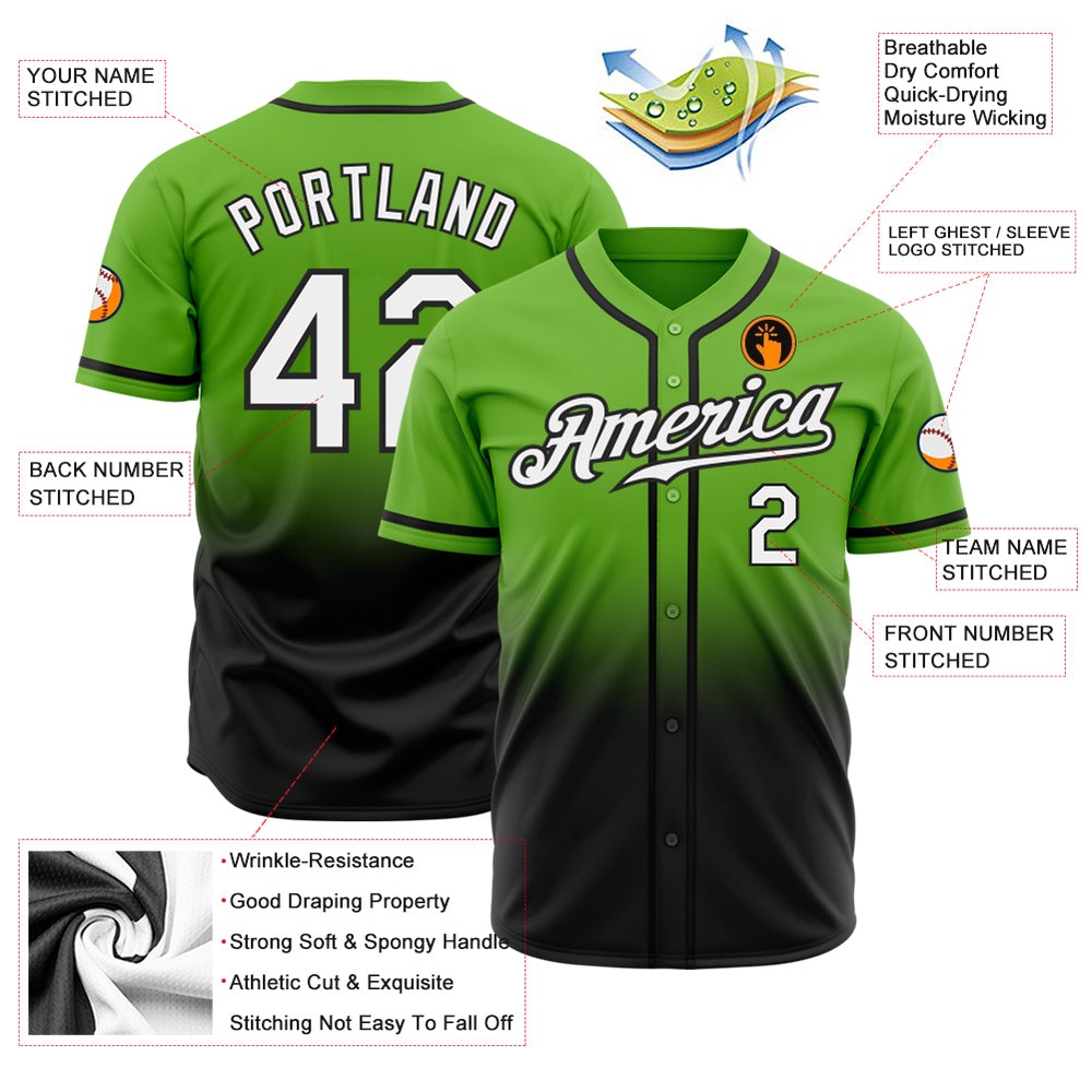 Neon Green White-Black Authentic Fade Fashion Baseball Jersey, Custom Baseball Jersey, Personalized Sport Jersey